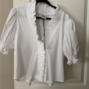 NWT Finley White Ruffled Buttoned Blouse M